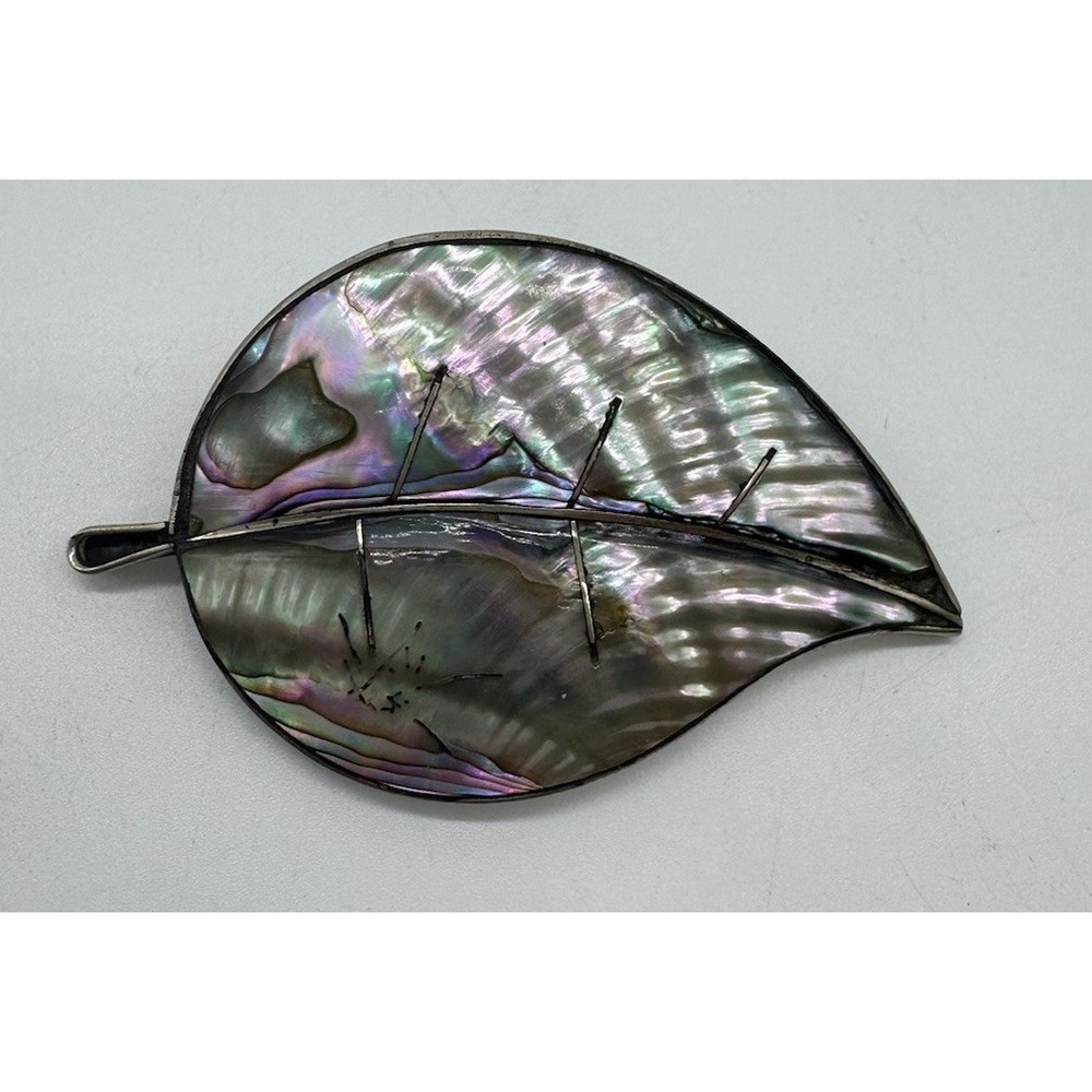 Vintage Taxco Sterling Silver Abalone Leaf Brooch Mexico Inlay Pin Eagle Mark